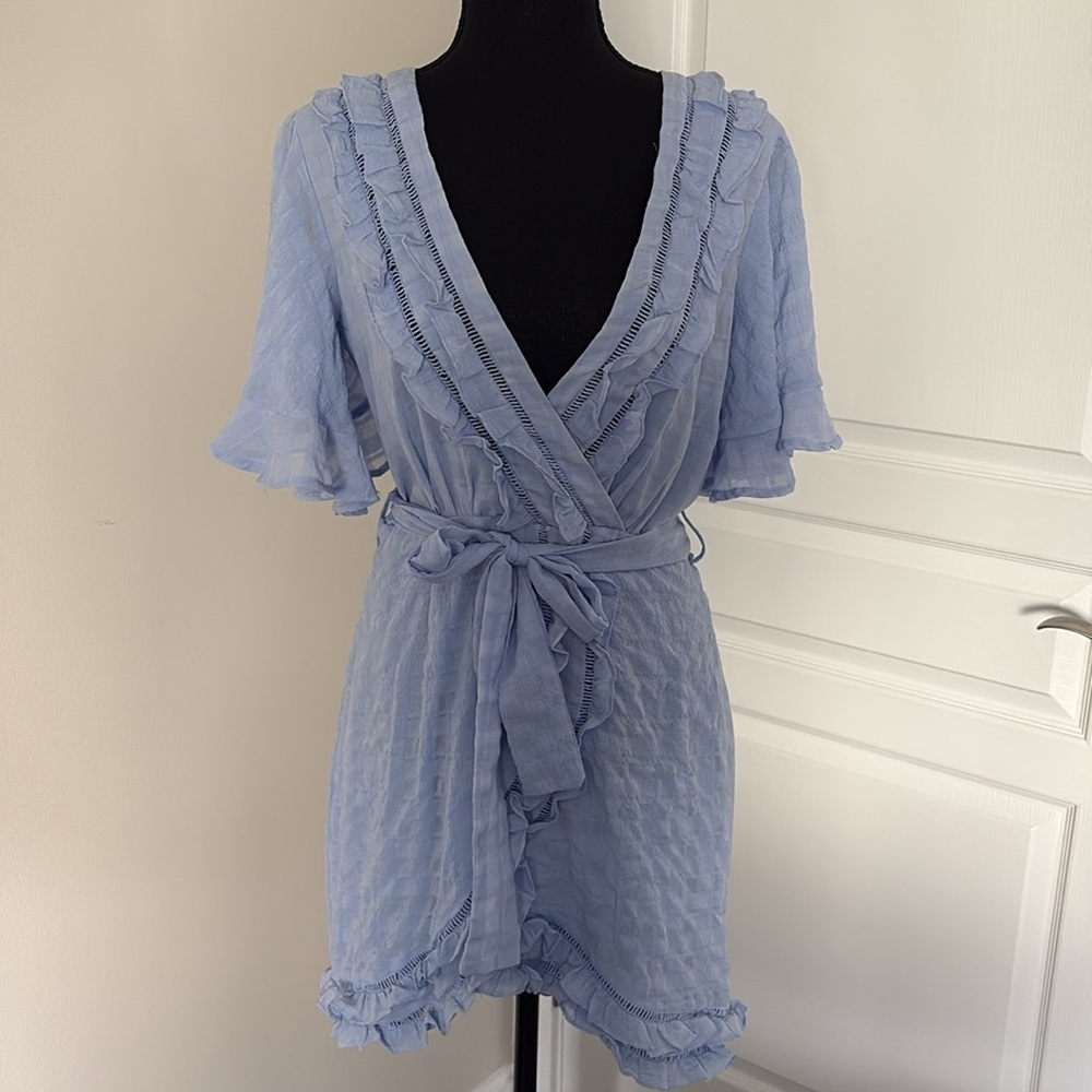 Saints+Secrets Blue Ruffle Mini Wrap Short Sleeve Dress - Whimsigoth, Party